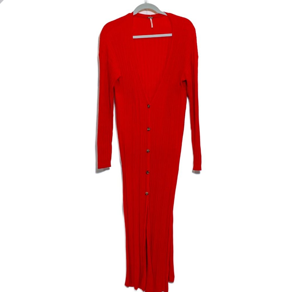 Free People Skinny Ribbed Knit Long Cardigan Duster with Side Slits